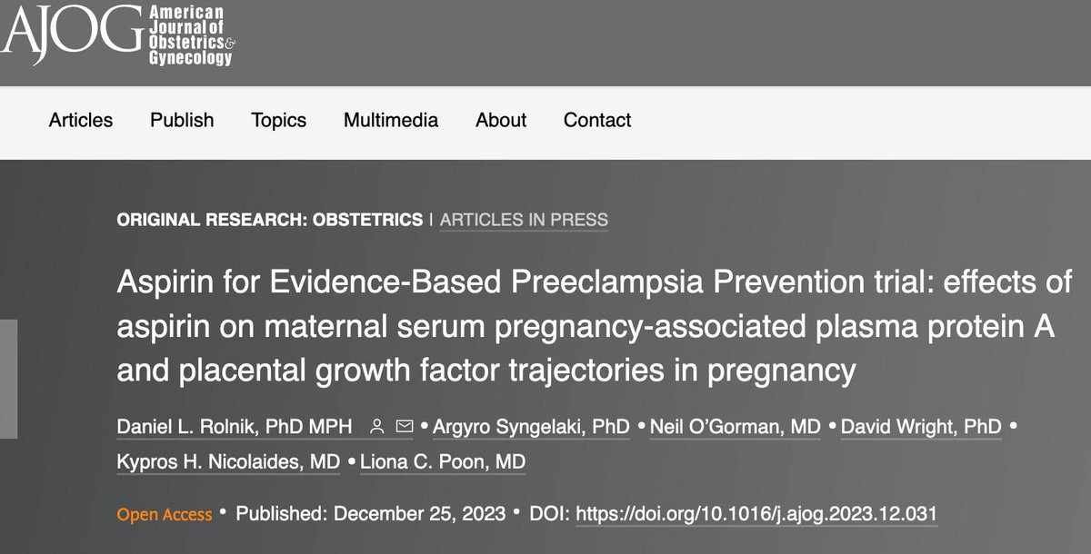 AJOG_thegray's tweet photo. Aspirin for Evidence-Based Preeclampsia Prevention trial: effects of aspirin on maternal serum pregnancy-associated plasma protein A and placental growth factor trajectories in pregnancy  https://t.co/ZqXPLhhLGr https://t.co/FG08BDS4UF