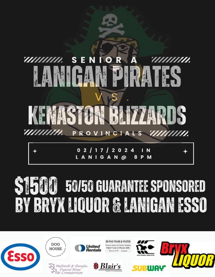LaniganPirates's tweet photo. Provincial Playoff Action! The Pirates take on the Blizzards in a must win game.

Tomorrow at 8pm in Lanigan

$1500 Guaranteed 50/50 https://t.co/8mv0rAdonx