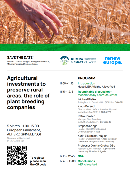 We are proud to be invited to discuss the role of plant breeding companies at the @IntergroupRUMRA event on agricultural investments to preserve rural areas - a very important topic! 🌱🚜 Register here: ow.ly/GsaI50QCx3k @EuroseedsEU @AdamMouchtar @AtidzheV