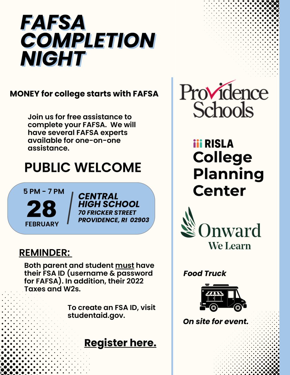 Attention PPSD 12th grade students: The District's FAFSA Completion Event will be held on Wednesday, February 28th from 5PM-7PM at Central High School, 70 Fricker Street to help families complete the FAFSA forms. Register here: tinyurl.com/PPSDFAFSANight