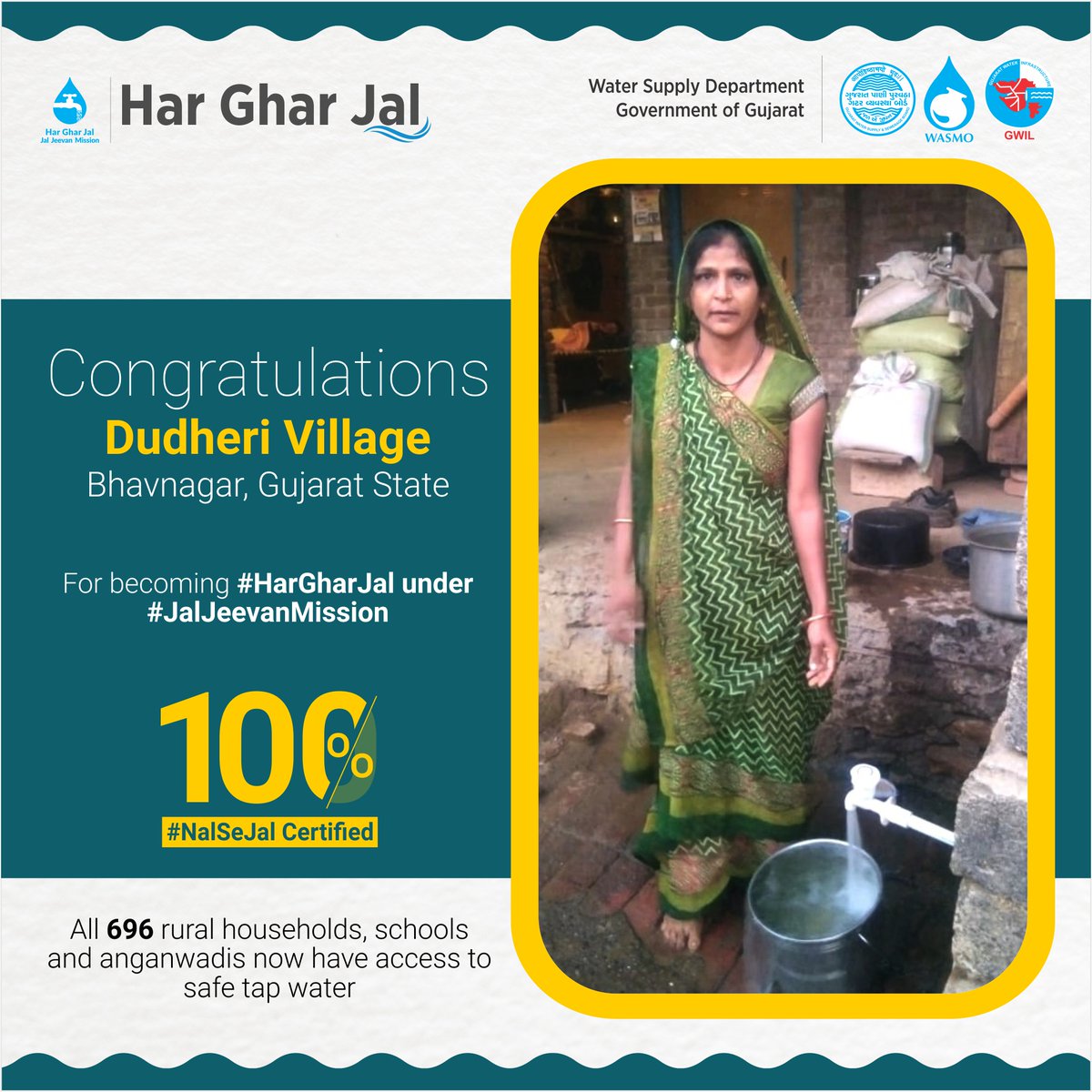 Congratulations to all the people of Dudheri Village of #Bhavnagar, #Gujarat State, for becoming 100% #HarGharNalSeJal certified. All 696 rural households, schools and anganwadis are now getting safe tap water under #JalJeevanMission.