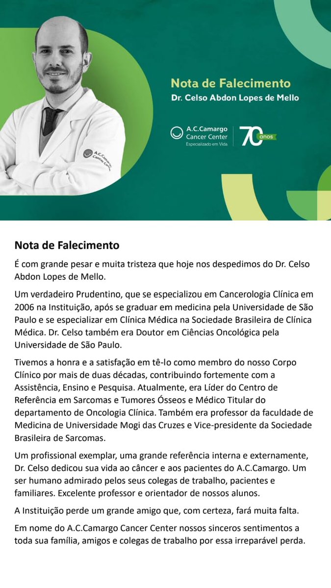 Em nome do LACOG, manifestamos nossos sentimentos a todos os familiares do Dr. Celso Abdon Lopes de Mello, que contribuiu com seu conhecimento para a pesquisa em câncer na América Latina como membro do Steering Committee do LACOG Sarcoma Group.