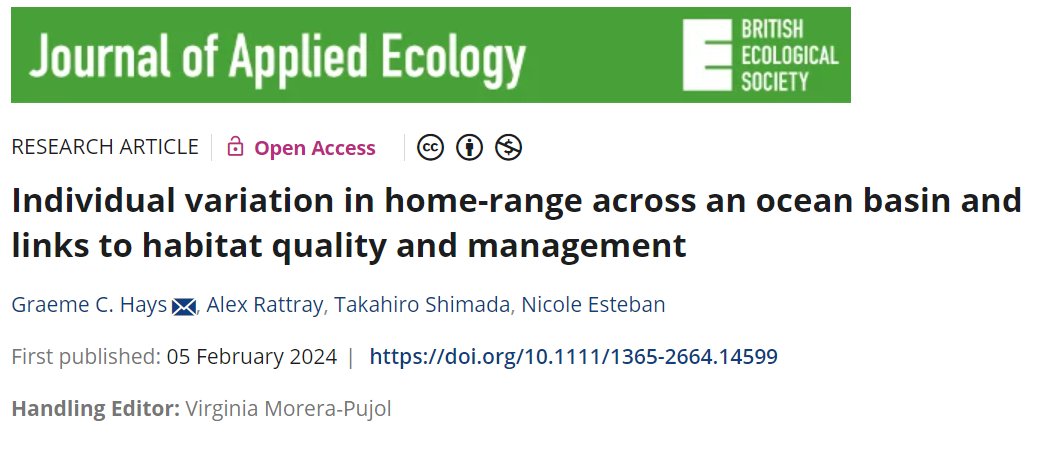 Western Indian Ocean Green turtles are generally not overgrazing seagrass meadows on which they forage. New #OpenAccess @JAppliedEcology paper looks at home-range across ocean basin & links to habitat quality & management 📄 tinyurl.com/2rrp63zc 🖊️G Hays, @EstebanNicole et al