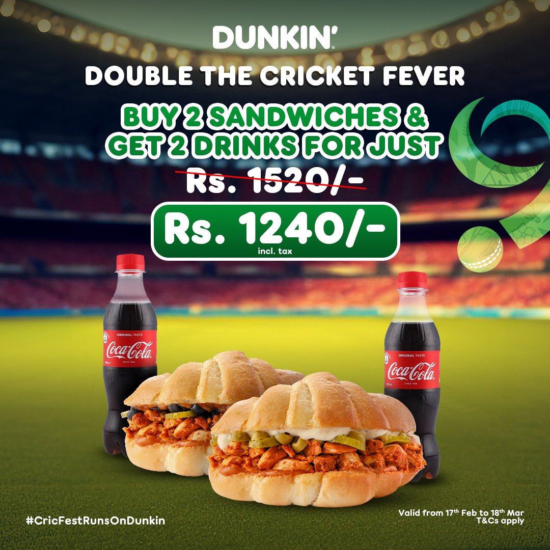 Dunkin_PK's tweet photo. 1/3
We’re doubling the cricket frenzy at Dunkin’! Buy 2 sandwiches and get 2 drinks free for just Rs. 1240/- and keep the good times coming!
#CricFestRunsOnDunkin 

To place your order, visit www.dunkindonuts.pkOrder your favorite Dunkin' treats through our app: https://t.co/ALIWAkgANd
