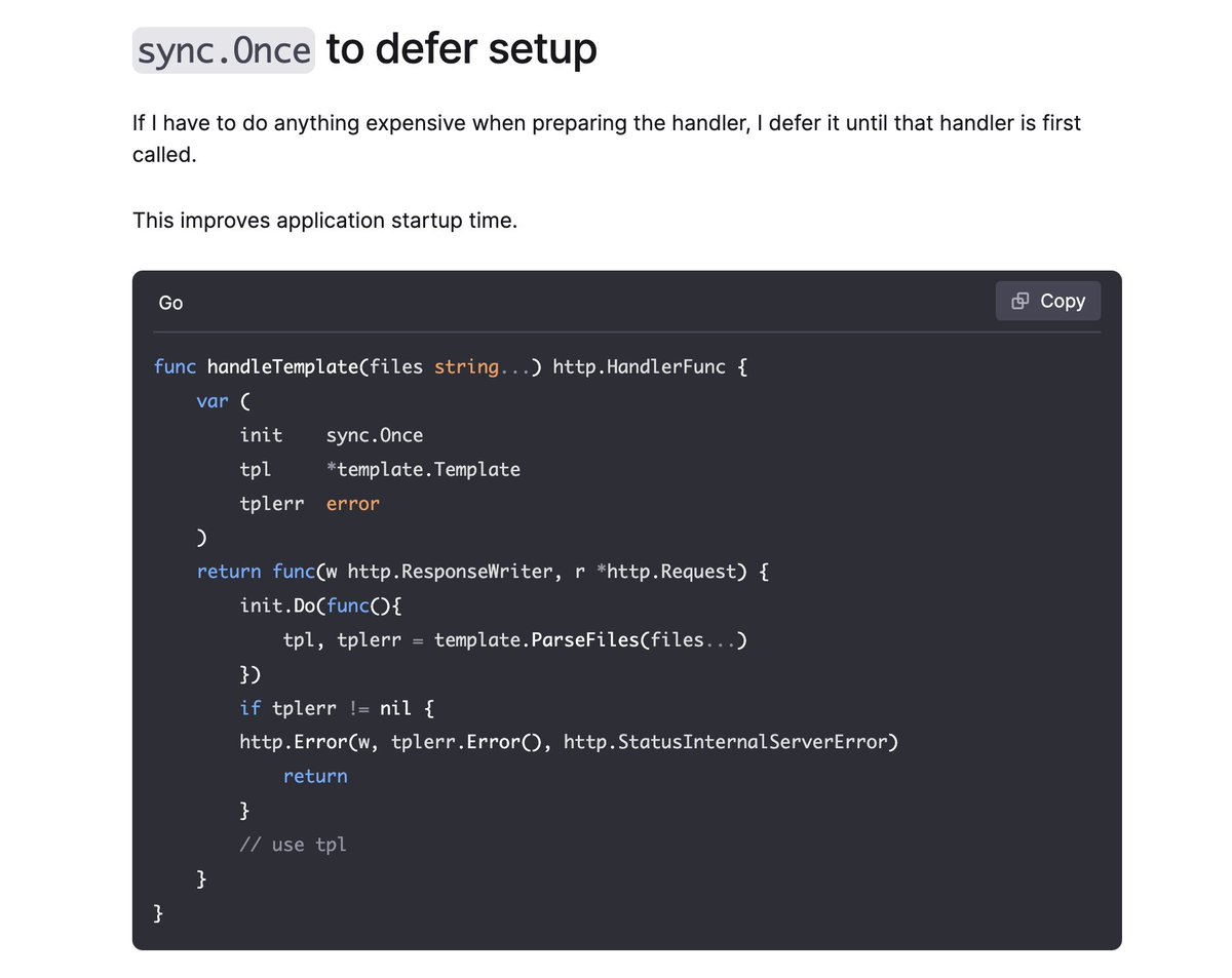 matryer's tweet photo. sync.Once is very useful if you're running in an ephemeral environment (i.e. if your programs run for short bursts of time) because you can defer expensive set up until the first time it's requested. Example in #golang 

Read more: https://t.co/3sqhTWgxbC https://t.co/MntltM9v6o