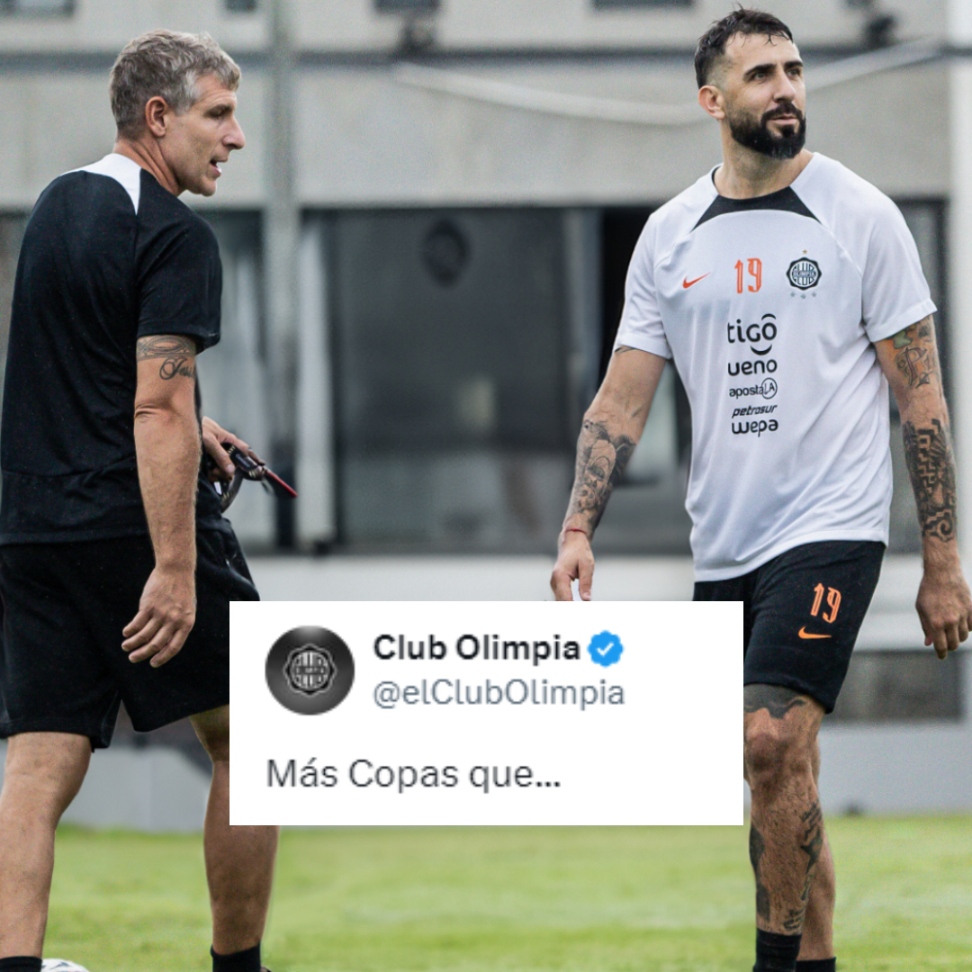 DiarioOle's tweet photo. "Más Copas que..." ⚫️⚪️

📸 El tuit que subió Olimpia junto a una foto de Palermo y Pratto, sus nuevos DT y N° 9 🇵🇾