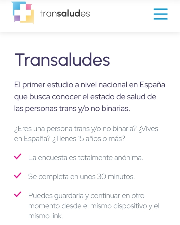🏳️‍⚧️ LLAMAMIENTO A LA PARTICIPACIÓN DE COMPAÑERAS TRANS!!🏳️‍⚧️
El estudio Transaludes es el primero a nivel nacional para conocer el estado de salud (física, mental y sexual) de las personas trans y/o no binarias en España.

¡¡Participa!!

es.research.net/r/transaludes_…