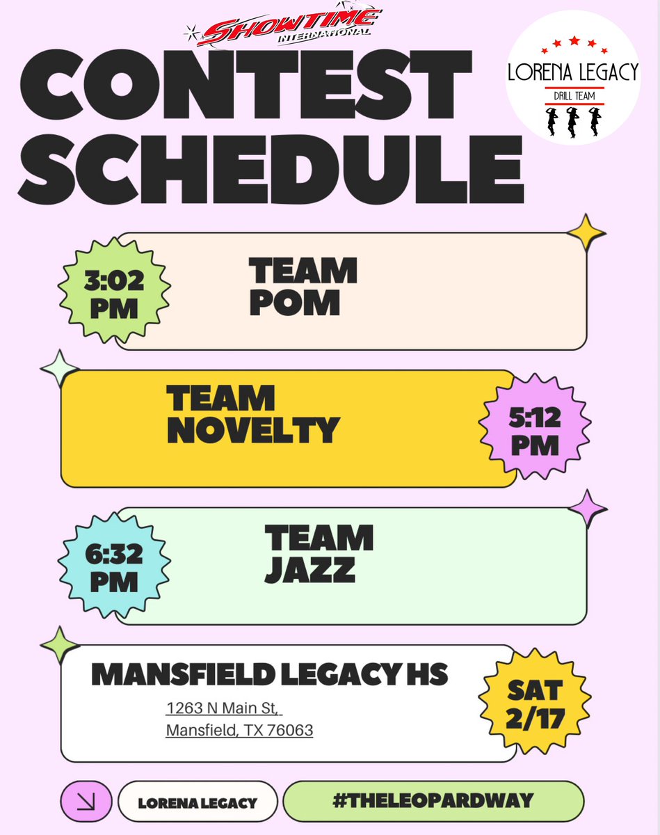 Lorena_FCS's tweet image. We’ll be competing in the @ShowtimeInt73 event at Mansfield Legacy HS tomorrow. Looking forward to hitting the floor. We hope to see YOU all there!

#TheLeopardWay
#buildingalegacy
#settingthestandard