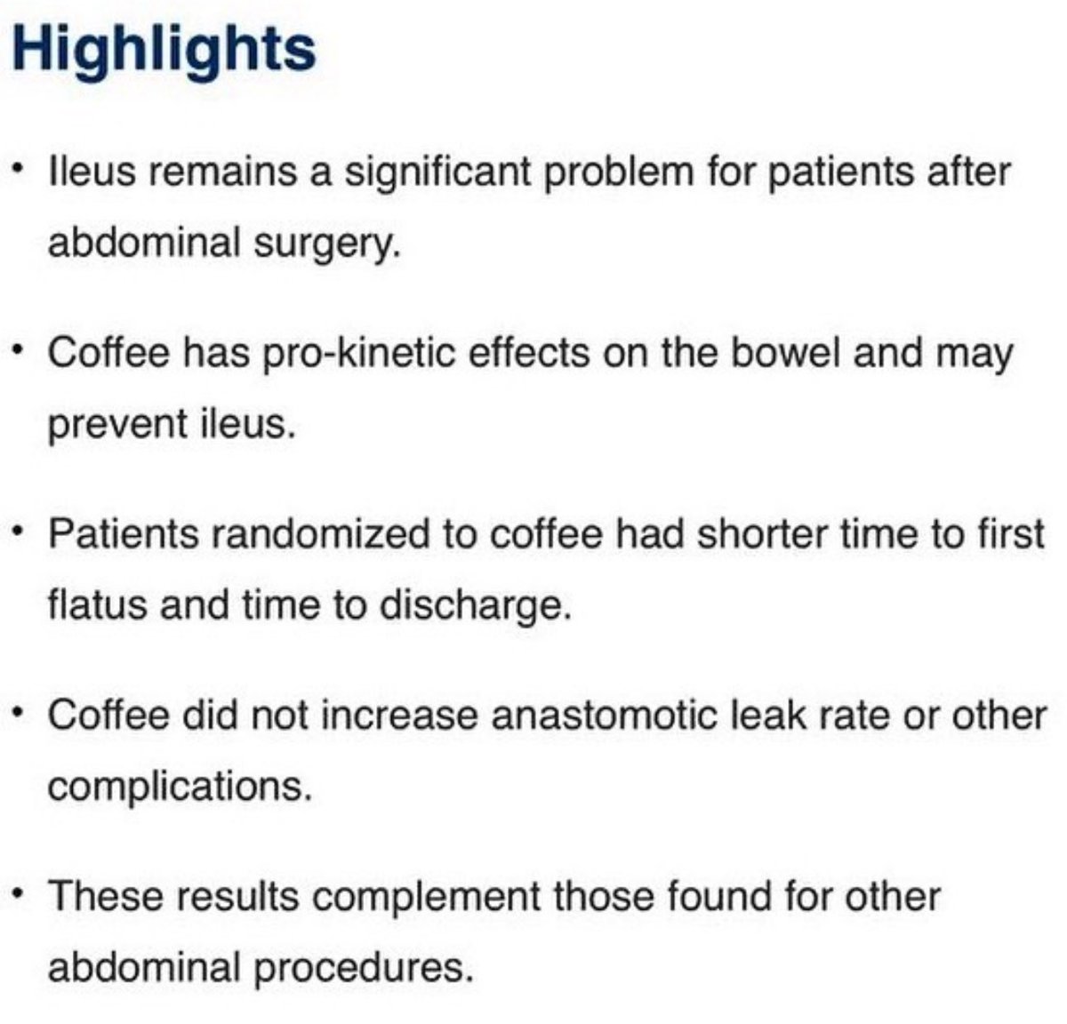 Clinical trial data supporting benefits of coffee! ☕️ 😋 👉 Coffee promotes return of bowel function after surgery 👉Coffee improved time to discharge post-op Make sure patients get their ☕️! americanjournalofsurgery.com/article/S0002-… #MedEd #MedTwitter #ERASavesLives #Surgery