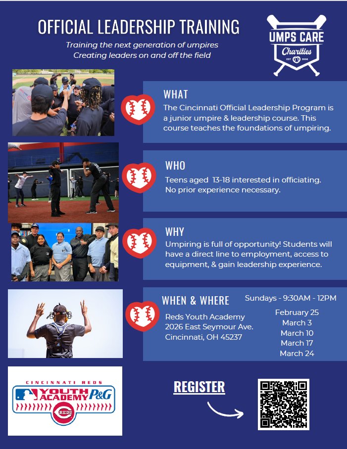 The Cincinnati Official Leadership Program is a junior umpire and leadership course. This course teaches the foundations of umpiring!

February 25 – March 24
Every Sunday
9:30 – 12:00am
Teens aged 13 - 18

umpscare.com/official-leade…