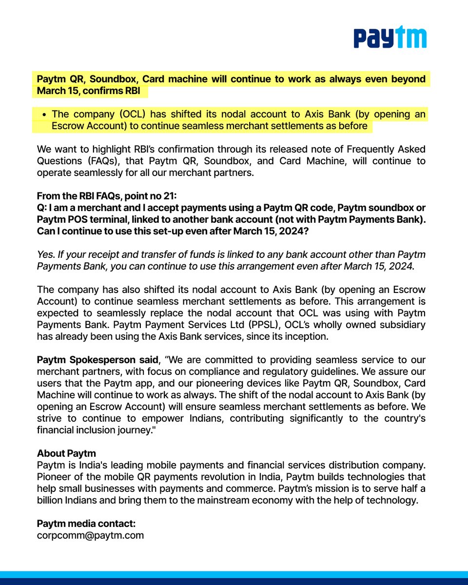 Paytm's tweet image. Update: Paytm QR, Soundbox, Card machine will continue to work as always even beyond March 15, confirms RBI. We have also shifted nodal account to @AxisBank (by opening an Escrow Account) to continue seamless merchant settlements as before
More details here:…