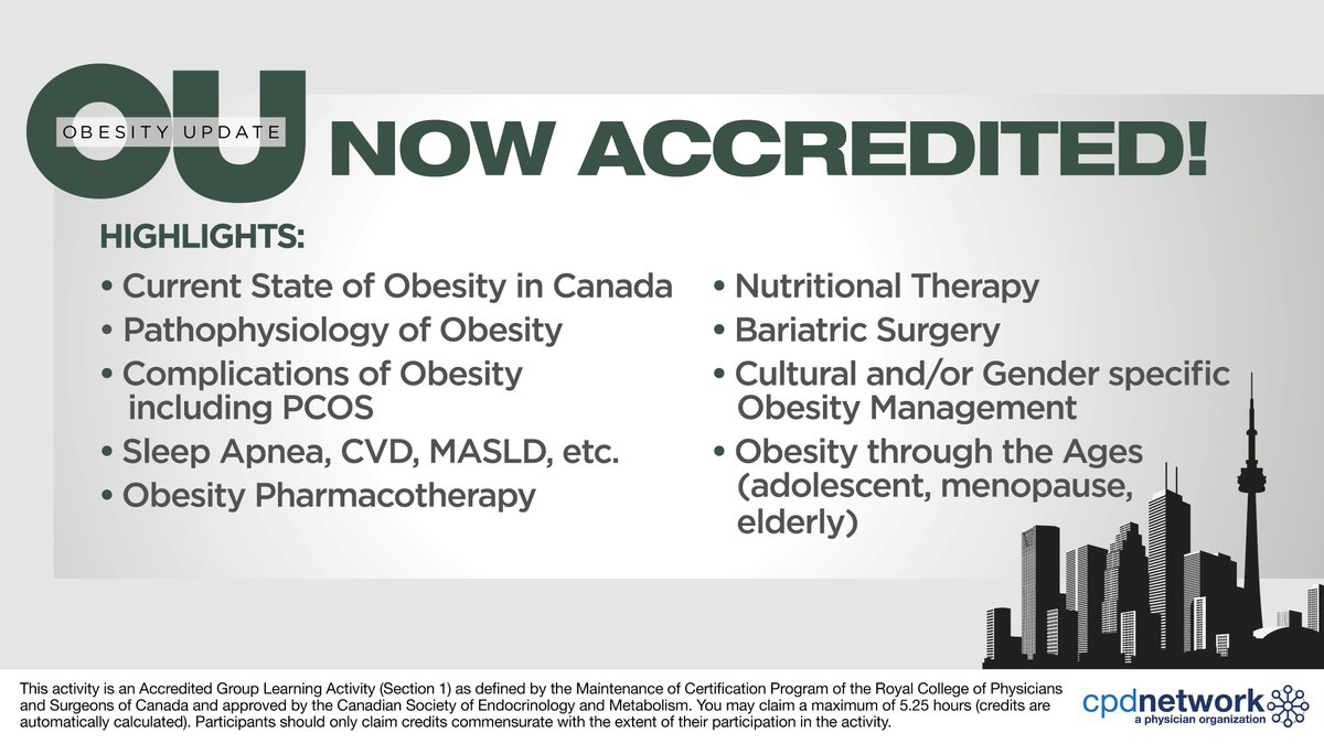 DUOcongress's tweet photo. Thrilled to announce: #Obesity Update is now ACCREDITED by @CSEM_SCEM @Royal_College for section 1 credits! Join us on April 11, and don't miss #Diabetes Update on April 12-13! Attend one or both for up to 3 days of #accreditedlearning.
π Learn more at https://t.co/KyrwwYUmij https://t.co/sL8MUbfP9u