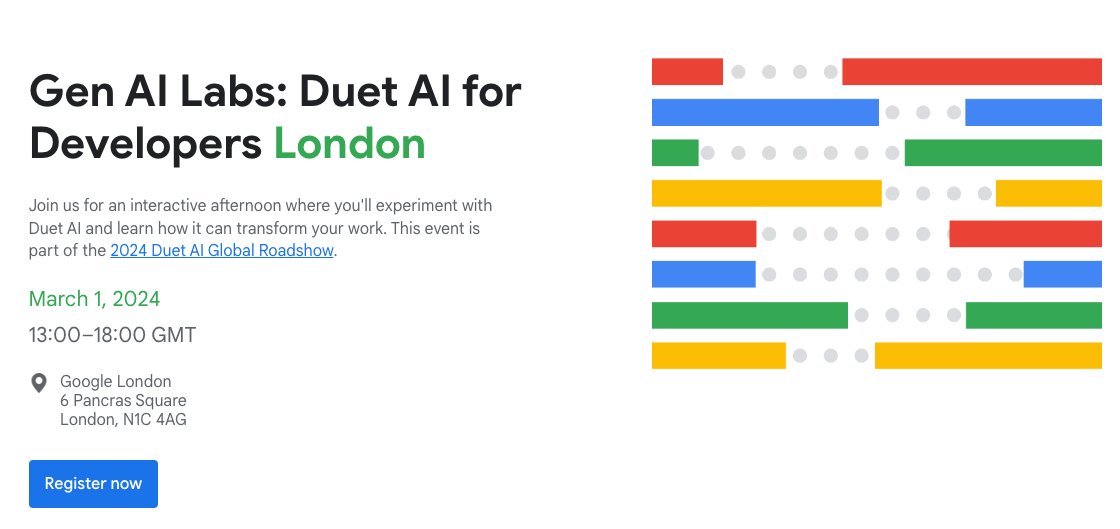 Duet AI 2024 Global Roadshow is coming to London🇬🇧 Explore the capabilities of #duetai with talks and hands-on #workshop.

🗓 March 1, 13:00-18:00
🏢 Google London office at 6 Pancras Square

Space is limited, registration link in the comments 👇

#genai #networking #googlecloud