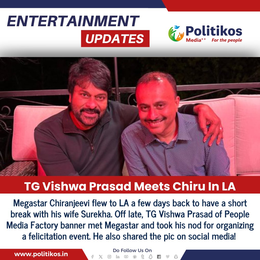 TG Vishwa Prasad Meets Chiru In LA
#politikos
#politikosentertainment
#TGViswhaPrasad
#Chiranjeevi
#LA
#Meeting
#EntertainmentIndustry
#Tollywood
#FilmIndustry
#Collaboration
#IndustryMeet
