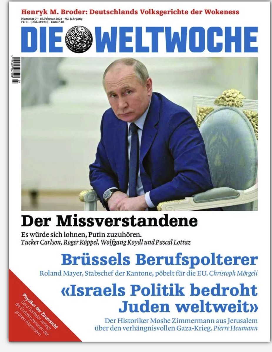 Putin, der Missverstandene: So titelte die @Weltwoche am Tag, als der russische Aggressionkrieg auf die Ukraine begann (24.2.2022). Und so titelte sie gestern (15.2.2024), dem Tag, bevor #Navalny in Gefangenschaft starb. #Putin @KoeppelRoger