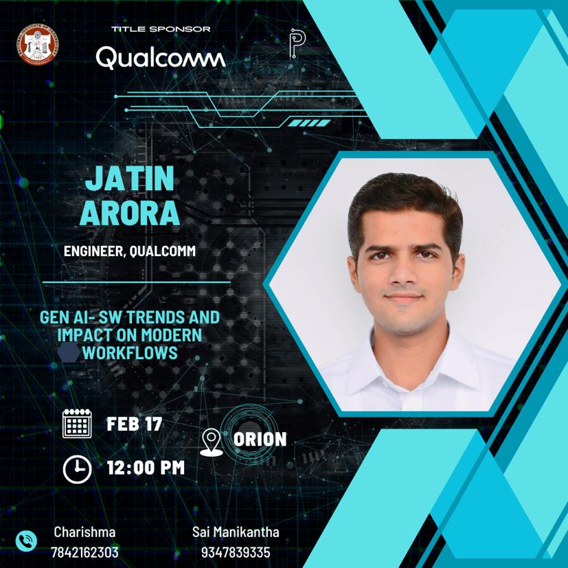 probe_nitt's tweet photo. Get prepared to be enlightened with us at Probe's next guest lecture with Jatin Arora, an engineering luminary at Qualcomm, as he unveils the transformative power of AI and software trends on modern workflows. https://t.co/dYZpEOwm25