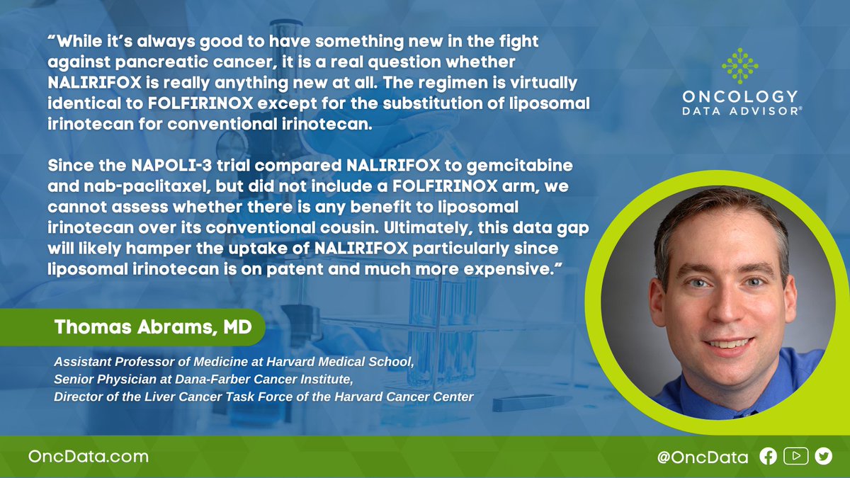 What do you think about this week's #FDA approval of  #irinotecan liposome/oxaliplatin/fluorouracil/leucovorin (#NALIRIFOX) for first-line treatment of metastatic #pancreatic adenocarcinoma?

Share your opinions in the comments!
@onctom #pancsm

Read more: oncdata.com/news/irinoteca…