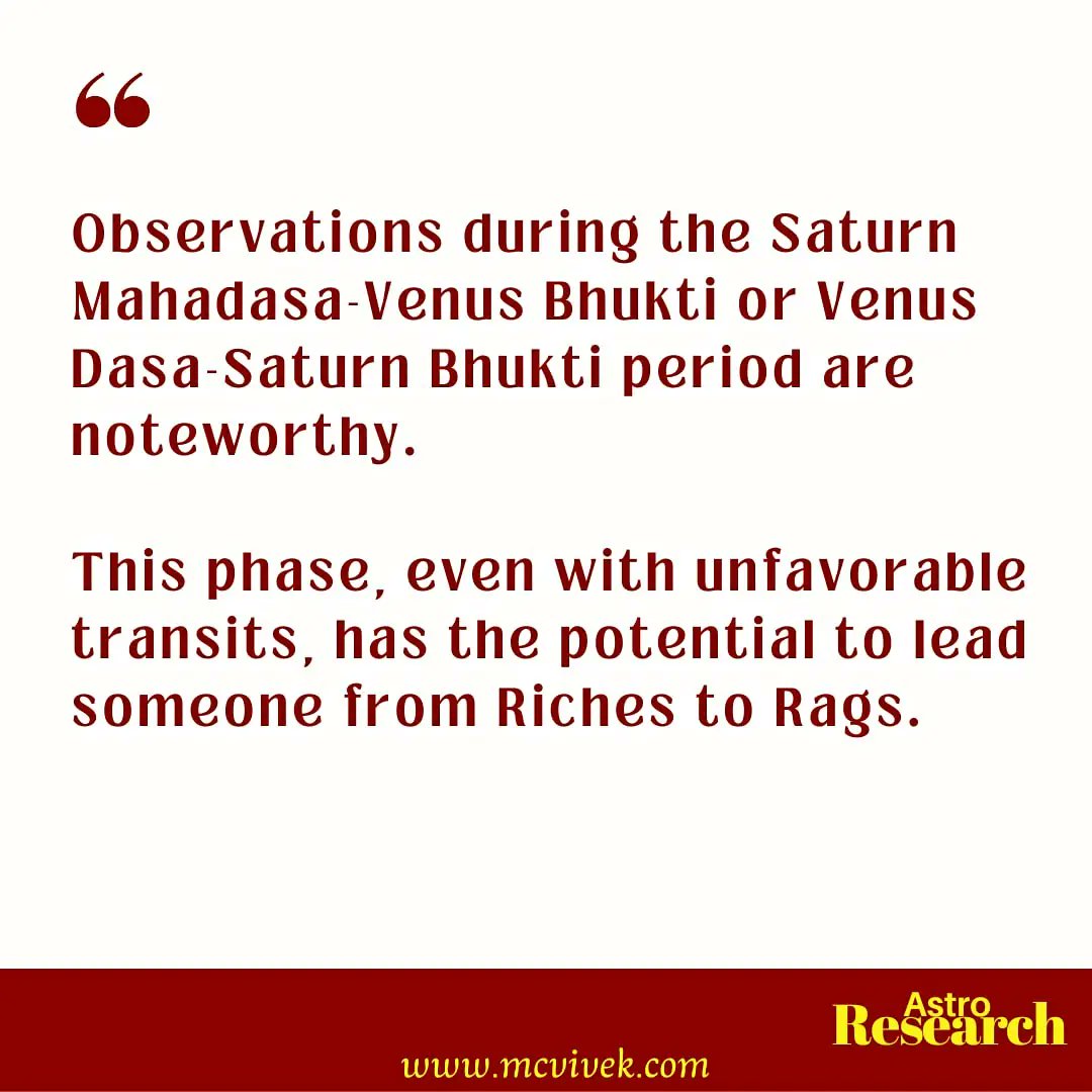 mcvivek's tweet photo. Observations during the Saturn Mahadasa-Venus Bhukti or Venus Dasa-Saturn Bhukti period are noteworthy.

#Saturn #Venus #Mahadasha #AstrologyFacts #Astrology #VedicAstrology  #mcvivek https://t.co/Ww8RYYL5eY