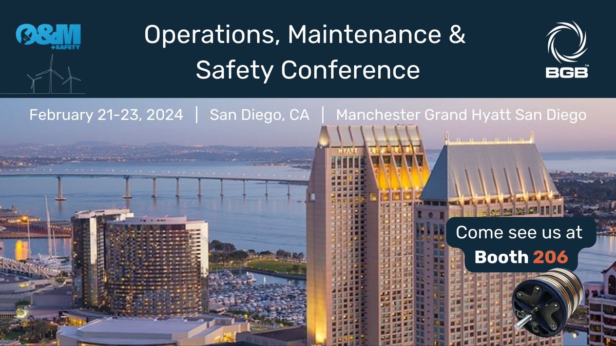 We are looking forward to our first event of 2024 next week at the #wind Operations &amp; Maintenance and Safety Conference in San Diego, CA. #OMS24
Stop by booth 206 and meet the team!  Learn more: bgbinnovation.com/knowledge/news…