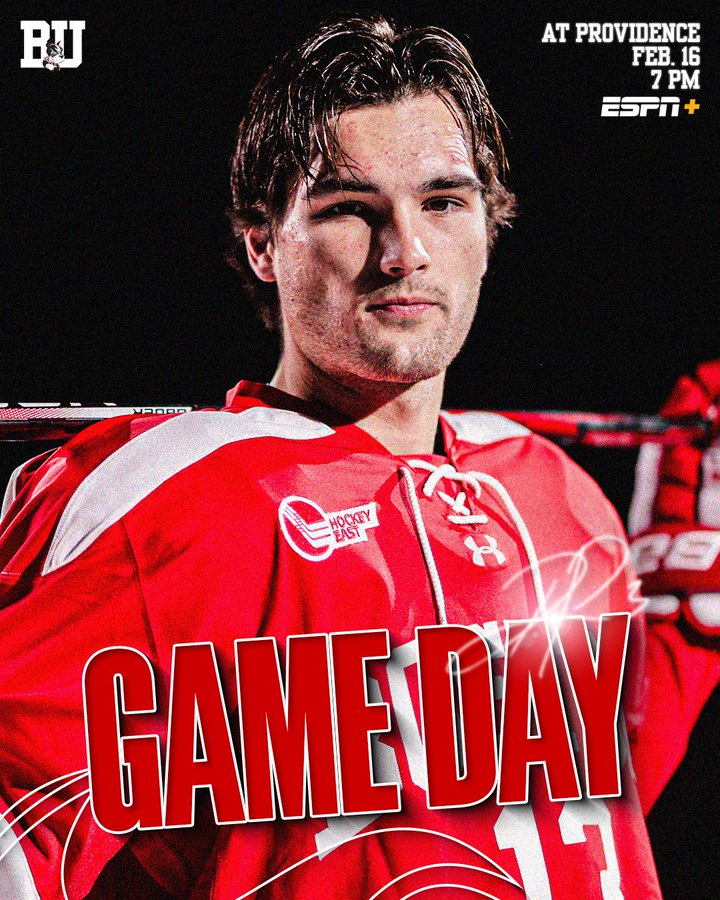 Game day graphic featuring posed photo of Dylan Peterson. BU at Providence, Feb. 16, 7 PM on ESPN+