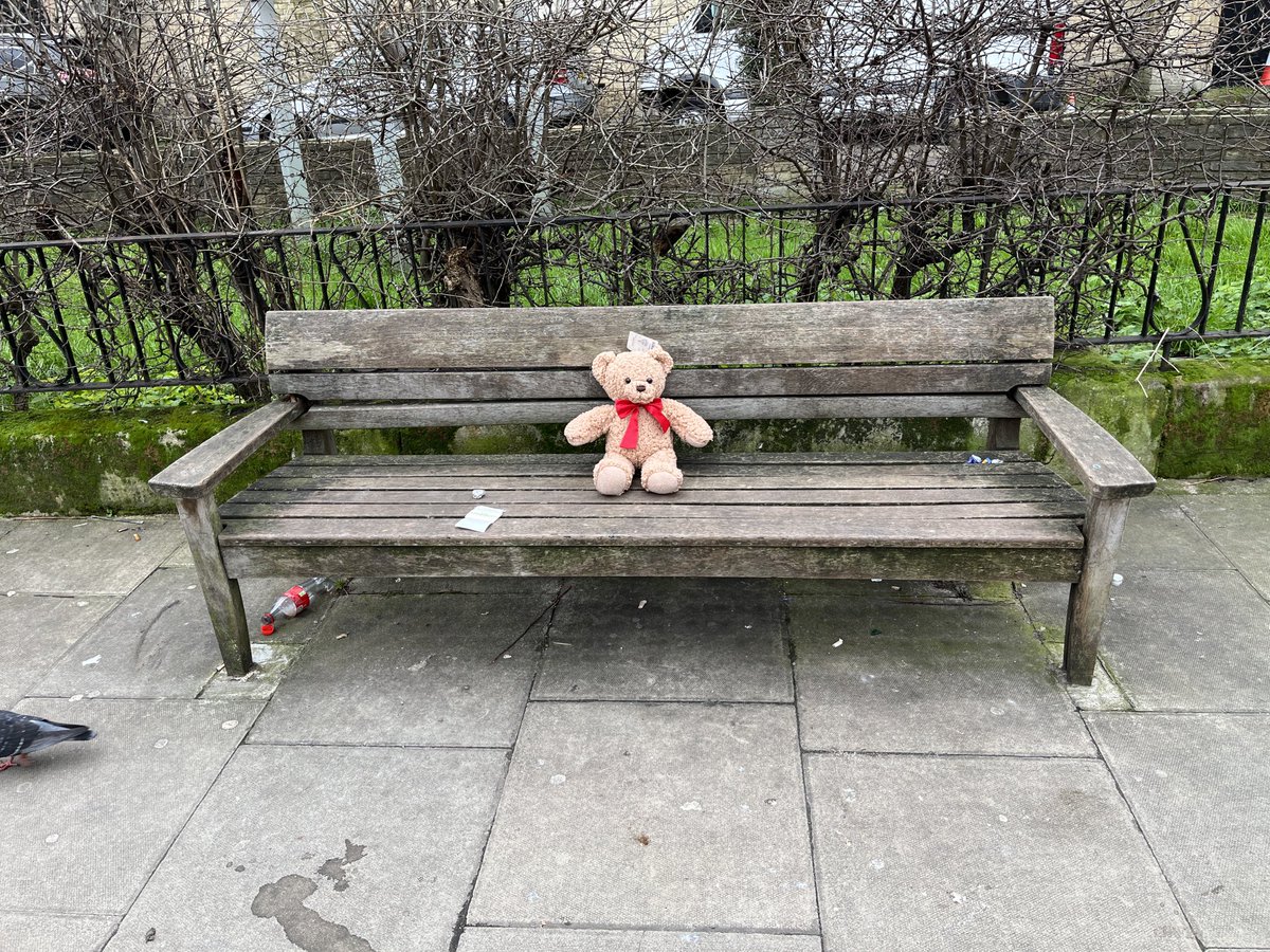Oh NO! Teddy left at Greenwood Centre bus stop. Unless it’s a marketing ploy. #lostteddy
