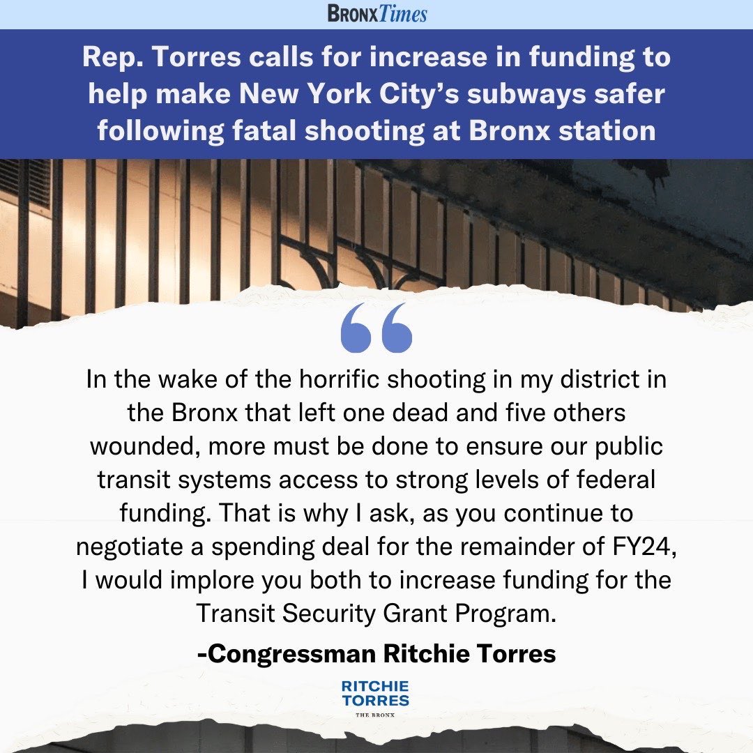 PUBLIC SAFETY In the wake of the mass shooting at the Mount Eden subway station in the Bronx, I am calling upon the House Appropriations Committee to bolster funding for the Transit Security Grant Program, whose funding levels have collapsed from $350 million to $93 million.…