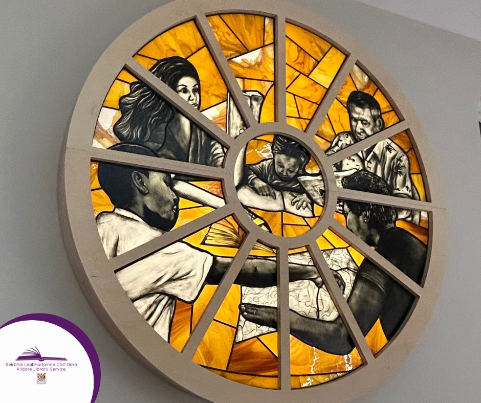kildarelibrary's tweet photo. These two companion stained glass artworks were created by artist Peter Martin under the Per Cent for Art scheme to mark the opening of Naas Library &amp; Cultural Centre.
The figures of the people and the lettering are painted using traditional stained glass techniques. https://t.co/29ndaDBAsI