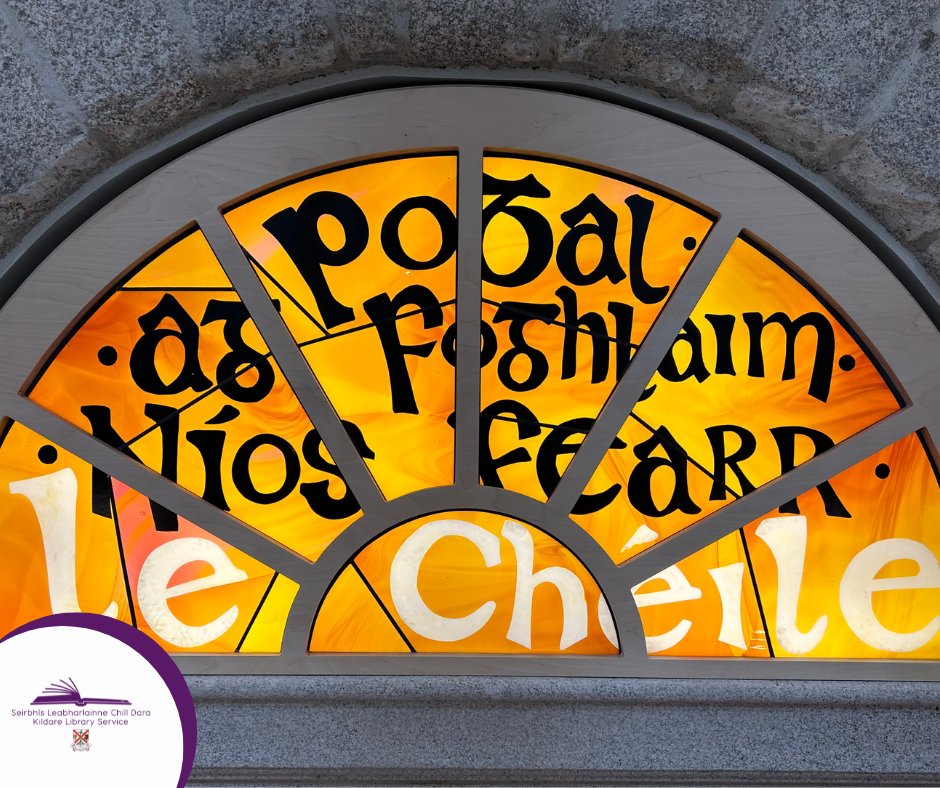 These two companion stained glass artworks were created by artist Peter Martin under the Per Cent for Art scheme to mark the opening of Naas Library &amp; Cultural Centre.
The figures of the people and the lettering are painted using traditional stained glass techniques.