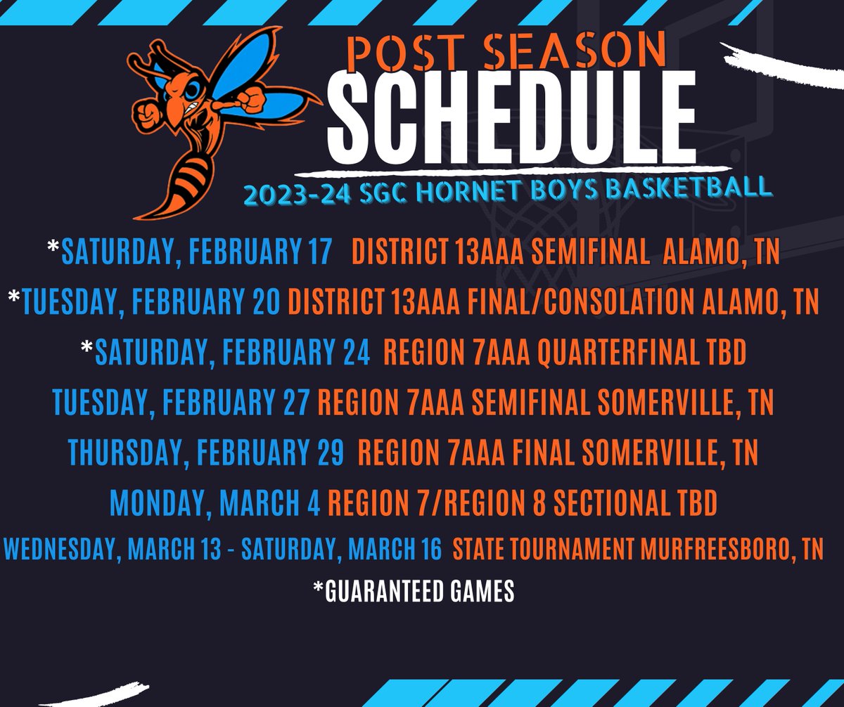 sgchornetbbk's tweet photo. Overview of the post-season! We are excited to play tomorrow in Alamo against Dyer County at 7:30!! #theHornetWay #RLTC #NextManUp https://t.co/jFzpMtDNTh