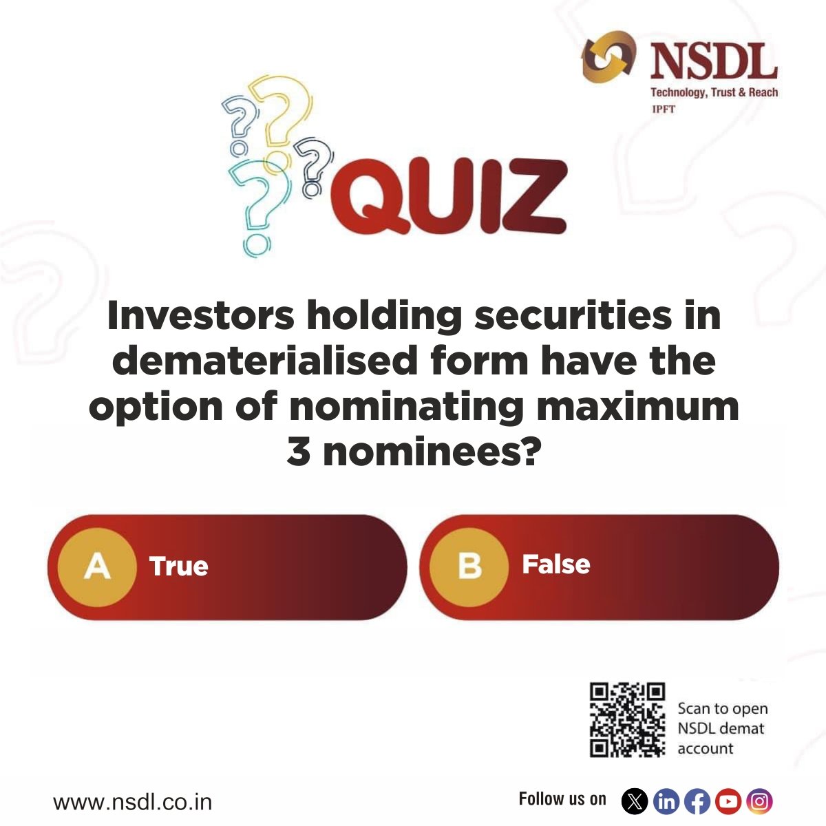 #Contest alert - Win prizes every week! To enter the quiz leave the correct answer in the comments below and stand a chance to win exciting prizes! 1) Follow NSDL on all of its social media channels. Facebook, facebook.com/nsdl.co.in LinkedIn, linkedin.com/company/nation…