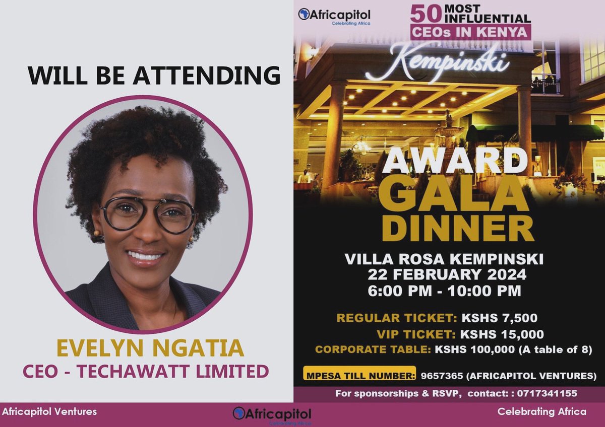 We are pleased to announce that Evelyn Ngatia will be attending our Award Gala Dinner on February 22nd at Villa Rosa Kempinski. Join us to connect and build relationships with an engaged audience of decision makers on this amazing night. #galacountdown2024