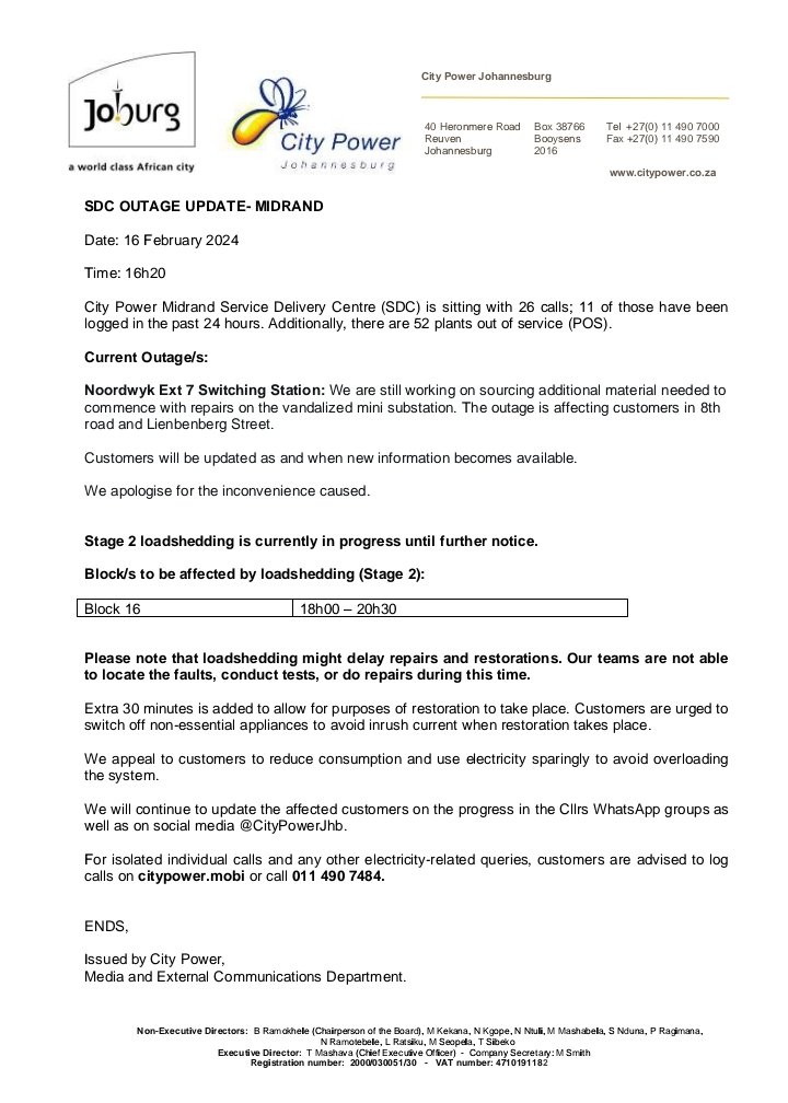 CityPowerJhb's tweet photo. #CityPowerUpdates
#MidrandSDC

City Power Midrand Service Delivery Centre (SDC) is sitting with 26 calls; 11 of those have been 
logged in the past 24 hours. Additionally, there are 52 plants out of service (POS).^KK https://t.co/iJiUMBkcbf