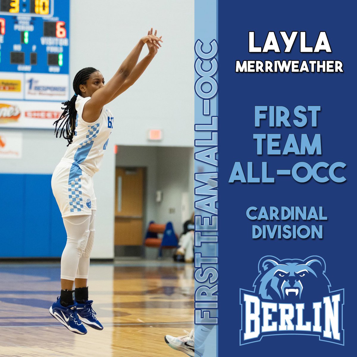 Congratulations to @LMerriweather22 for being named ALL-OCC First Team for the second season in a row! Layla is a competitor and plays with 🔥and 💪🏻! Well deserved, Layla! @Todd_spinner @BerlinBearsAD @WU_WBB #HardWorkPaysOff #ClawsUp