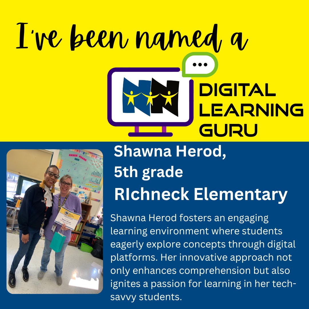 Congratulations to our 2024 Digital Learning Gurus from Richneck Elementary School!
<a href="/nnschools/">Newport News Schools</a>
<a href="/NNPSDTAL/">NNPS Department of Teaching and Learning</a>
<a href="/OfficialDLDay/">Digital Learning Day</a>
#dlday2024 #nnpsdlday
<a href="/rkhyman4/">Robin</a>