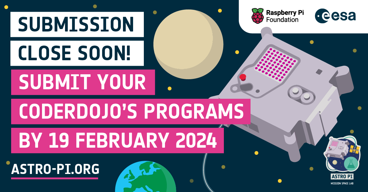 CoderDojo's tweet photo. Don't miss your chance to take part in this year's #AstroPi Mission Space Lab! 🚀

Find out more ➡️ https://t.co/MuYQU7Kfoe https://t.co/mXvPpBXdoN