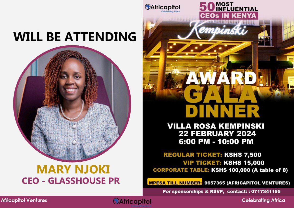 We are pleased to announce that Mary Njoki will be attending our Award Gala Dinner on February 22nd at Villa Rosa Kempinski. Join us to connect and build relationships with an engaged audience of decision makers on this amazing night. #galacountdown2024