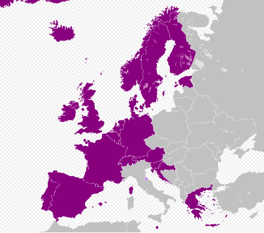 Colorati di viola, i Paesi dove le coppie dello stesso sesso possono adottare, e dove il loro matrimonio è equiparato a quello delle coppie eterosessuali.

In grigio, il Medioevo.

(mappa da @Wikipedia, aggiornata a ieri con il voto in Grecia)