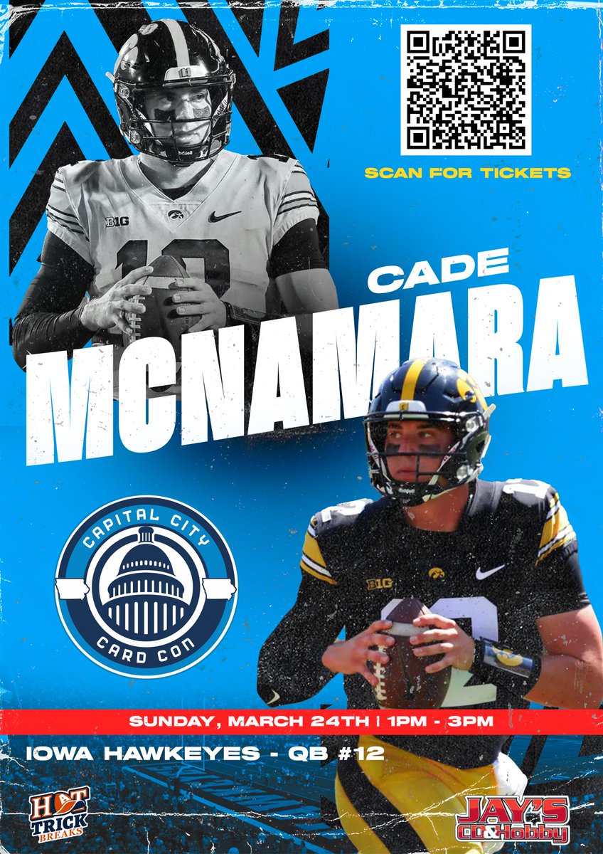 *** AUTOGRAPH ANNOUNCEMENT *** Iowa Hawkeyes starting QB CADE MCNAMARA will be onsite SUNDAY MAR 24 from 1-3pm to close out the show! @Cademac_12 FREE 8x10 photo with advance purchase!