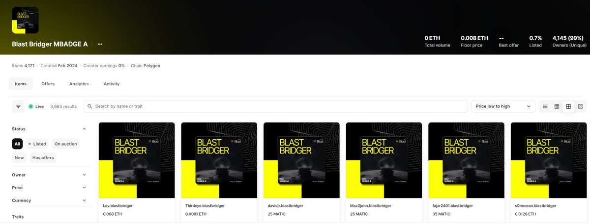 0xmercle's tweet image. 4100 Blast Bridger #MBADGES have already been collected.
claim yours at - app.mercle.xyz/blast

we have a series of such MBADGES that initiate your registration and participation in the Mercle testnet.
don't forget to check our previous announcement on MBADGES for more.