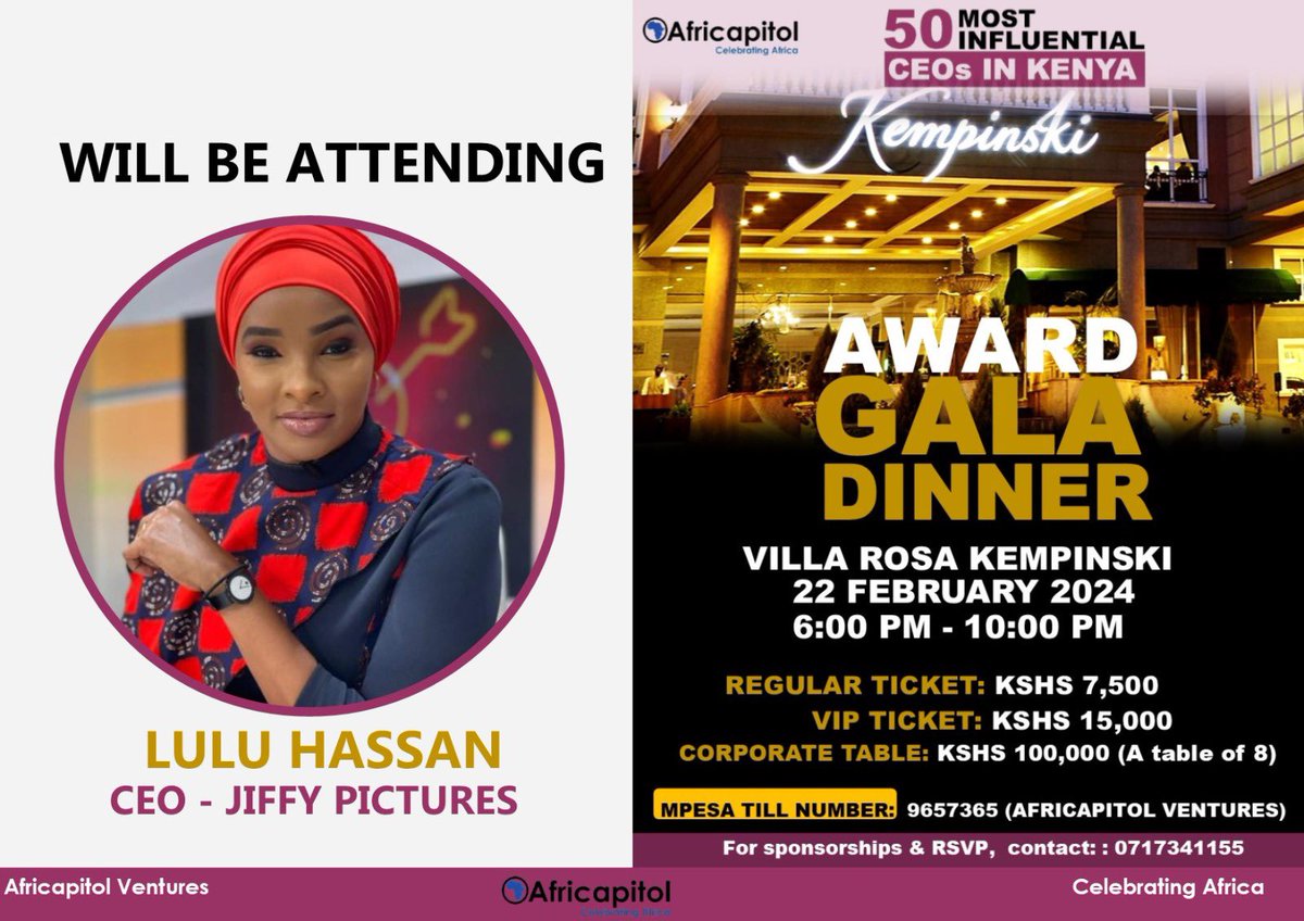 We are pleased to announce that Lulu Hassan will be attending our Award Gala Dinner on February 22nd at Villa Rosa Kempinski. Join us to connect and build relationships with an engaged audience of decision makers on this amazing night. #galacountdown2024