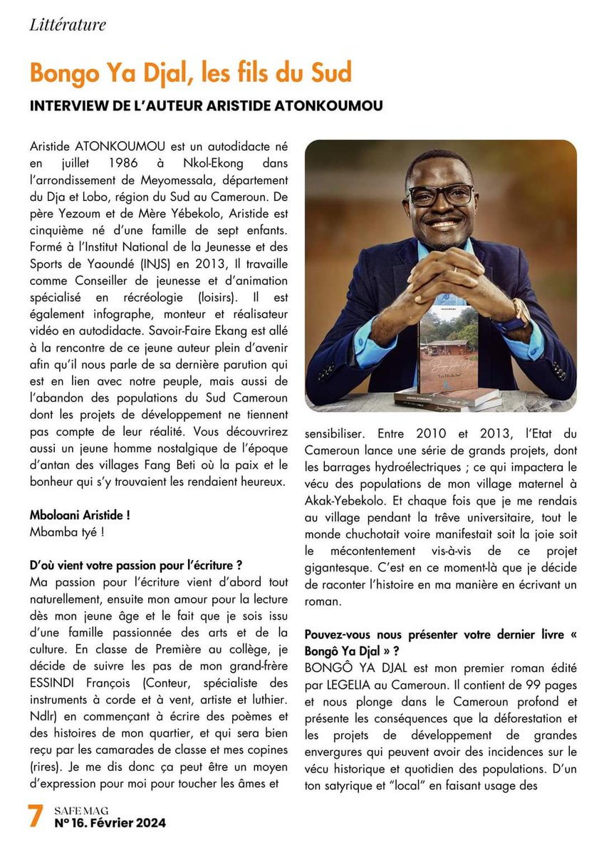 🔔 𝟯 pages ont été dédiées au jeune Auteur prometteur <a href="/a_senor/">Atonkoumou Aristide</a> , auteur de 𝗕𝗼𝗻𝗴𝗼 𝗬𝗮 𝗗𝗷𝗮𝗹, 𝗹𝗲𝘀 𝗳𝗶𝗹𝘀 𝗱𝘂 𝘀𝘂𝗱 
Lire l'article complet qui est en ligne en cliquant ici 👇
savoirfairekang.com/aristide-atonk… 

#safemagazine #savoirfaireekangmagazine