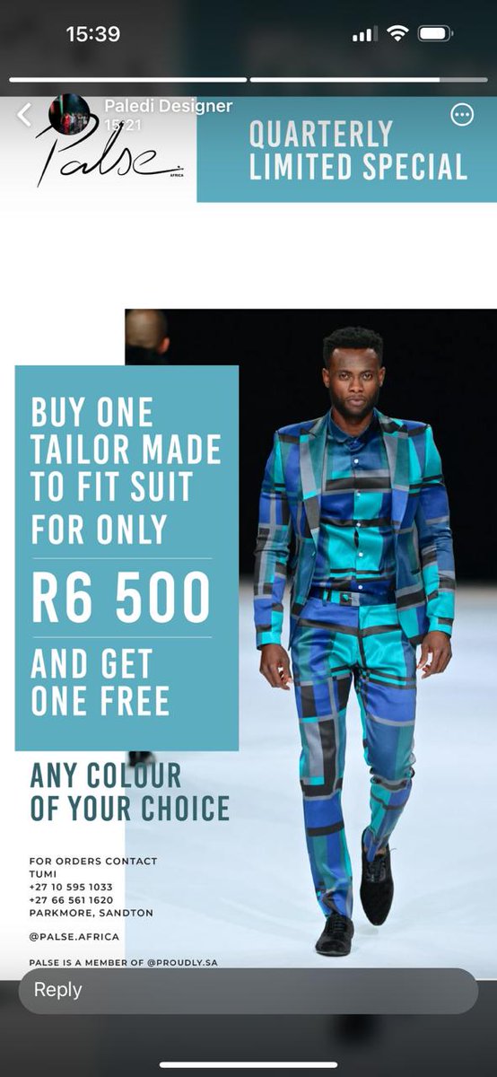 The @palse_africa suit special is still running 🔊 
BUY ONE SUIT (for R6,500.00 only) & GET ONE SUIT AT NO COST! 🛍️ 
#palseORnothing
Member of @ProudlySA 🇿🇦 
#buylocaltocreatejobs