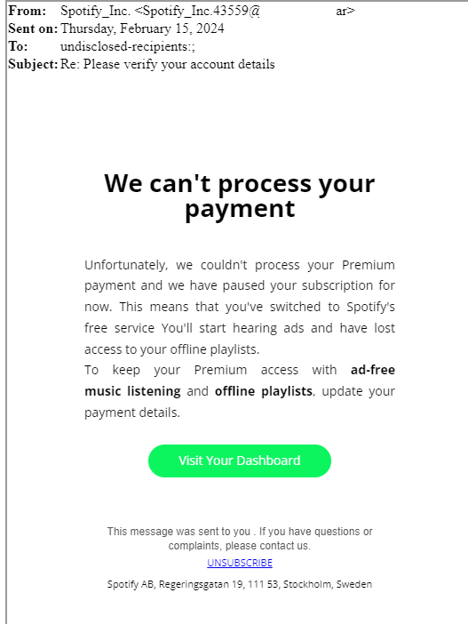 v4ensics's tweet image. A #phisher decided today to target @Spotify Mail uses https[:]//emaill-redirecting.com/gr/ to redirect to https[:]//spotlfy-player.com/. Site uses #typosquatting and got registered 4 days ago