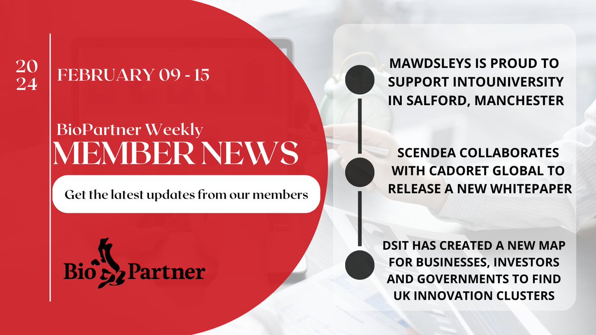 The <a href="/BioPartner/">BioPartner UK</a> Weekly Roundup is out, featuring the #latestnews from our members. Catch all the buzz on our website – lnkd.in/e6KUE5Zz 

This week features <a href="/MawdsleysUK/">MawdsleysUK</a>, <a href="/scendea/">Scendea</a> and
<a href="/SciTechgovuk/">Department for Science, Innovation and Technology</a>.

#Lifesciences #NewsUpdate #HealthcareInnovation #Biotech #Pharma
