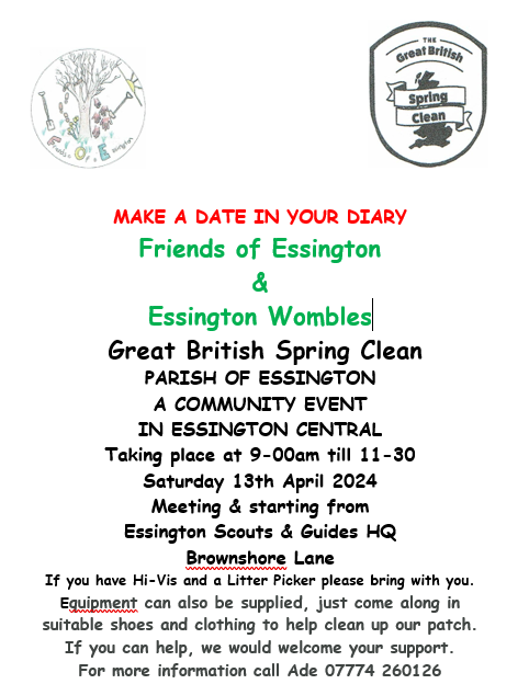 #FOE 
#Essington
 #springclean24

We are pleased to announce our  8th Annual Great British Spring Clean backed by "Essington Wombles".

Make a date in your diary for 
Saturday 13th April

🗑️🧹 🚮
