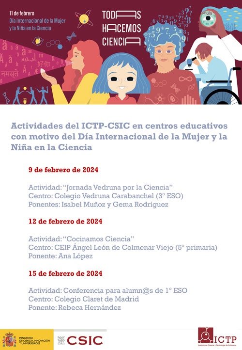 Las investigadoras del <a href="/ictp_promocion/">ICTP-CSIC</a> del <a href="/CSIC/">CSIC</a> han visitado esta semana centros educativos de Madrid para visibilizar la contribución de las mujeres a la ciencia y acercar a los estudiantes el trabajo que desarrollan
#DíaMujerYNiñaEnCiencia #11F #11febrero