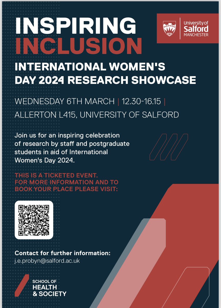 Dr Joy Probyn (@joyprobyn) on Twitter photo Come and join us on the 6th March for a showcase of gender-themed research by PGR students and staff from <a href="/SalfordUni/">University of Salford</a> & beyond in aid of International Women’s Day 2024! <a href="/UoS_HealthSoc/">UoS Health & Society</a> <a href="/NinaHeld1/">Nina Held</a> <a href="/eileenac24/">Eileen Cunningham</a> <a href="/DrTinaPatel/">Dr Tina G. Patel</a> <a href="/KellyLockwood15/">Kelly Lockwood</a> #IWD2024
eventbrite.co.uk/e/inspiring-in… Come and join us on the 6th March for a showcase of gender-themed research by PGR students and staff from <a href="/SalfordUni/">University of Salford</a> & beyond in aid of International Women’s Day 2024! <a href="/UoS_HealthSoc/">UoS Health & Society</a> <a href="/NinaHeld1/">Nina Held</a> <a href="/eileenac24/">Eileen Cunningham</a> <a href="/DrTinaPatel/">Dr Tina G. Patel</a> <a href="/KellyLockwood15/">Kelly Lockwood</a> #IWD2024
eventbrite.co.uk/e/inspiring-in…