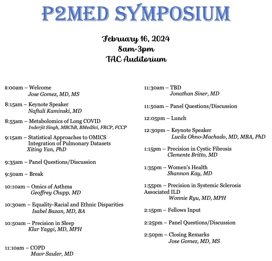 So it starts. The inaugural Precision Pulmonary Medicine Symposium at @YalePCCSM!! Dr. Jose Gomez Villalobos the Director of #P2MED is providing opening remarks and the program is amazing!! #CureLungDisease