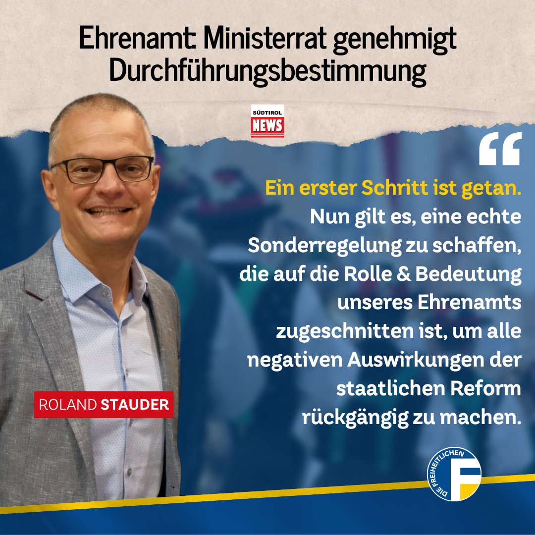freiheitlich's tweet photo. ➡️ Gestern erfolgte die Genehmigung der #Durchführungsbestimmung zum #Ehrenamt durch den Ministerrat in Rom. Ein wichtiger #Teilerfolg, auf den es jetzt aufzubauen gilt! ➡️ https://t.co/EsYNSLZqI7 https://t.co/qbrFUy5RTm