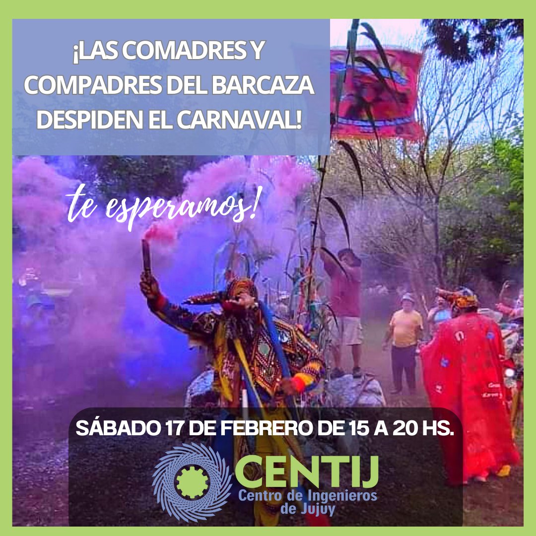 🎉Agendá este sábado 17!

📌 Te invitamos a compartir con alegría y diversión el entierro del #Carnaval2024 en el Centro de Ingenieros de Jujuy.

🎭 Acompañanos junto a tu familia este sábado desde las 15, en Choquevilca 940 (colectora Ruta 9), San Pablo de Reyes!
#Jujuy